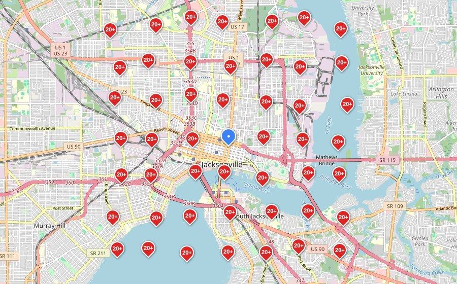 Plumbing business in Jacksonville: Google Maps grid before, ranked past 20 at every spot